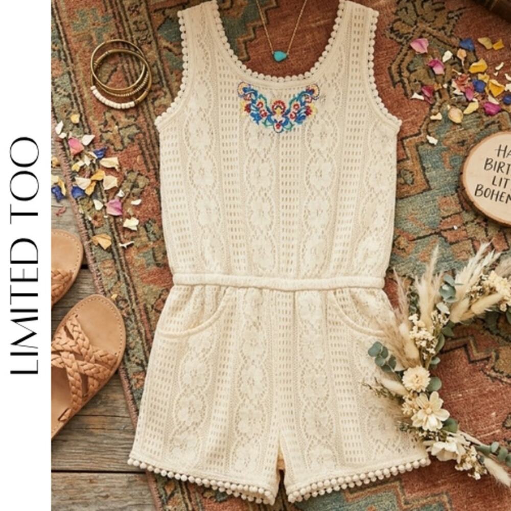 Limited Too Girls Size 10 Ivory Crochet Romper–Floral Embroidered Summer Outfit